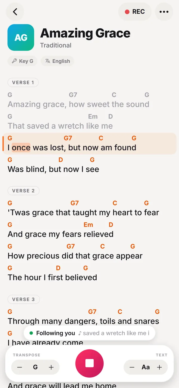 Light mode, word by word: Sung lines fade, so your eyes always land on the right place.