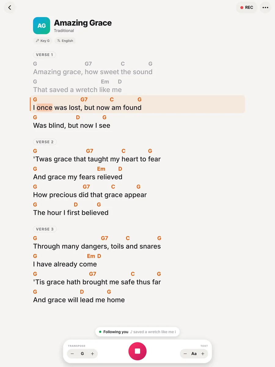 Big and clear on iPad: Lyrics and chords sized for the music stand.