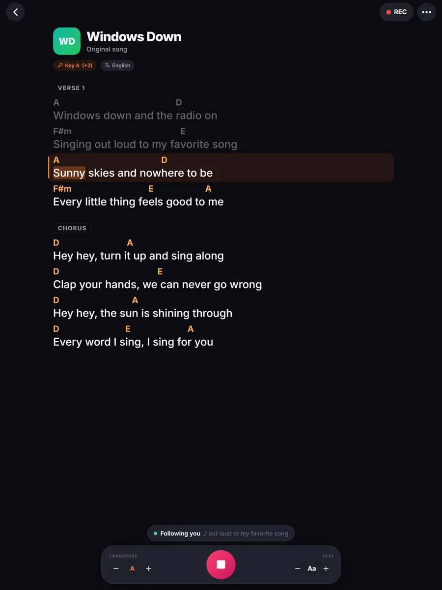 Dark mode, any key: Transposed and easy on the eyes in a dim room.